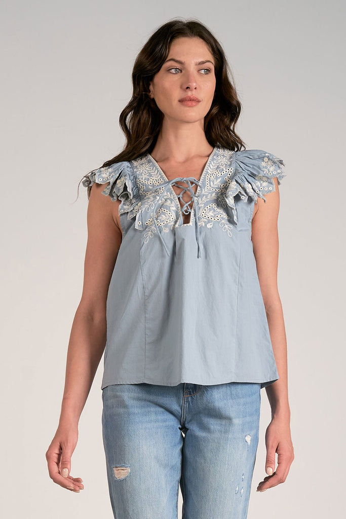 Baby Blue Embroidered Flutter Top - MISRED