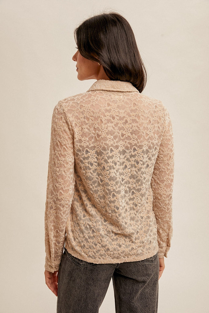 Beige Velvet and Lace Button Down Top - MISRED