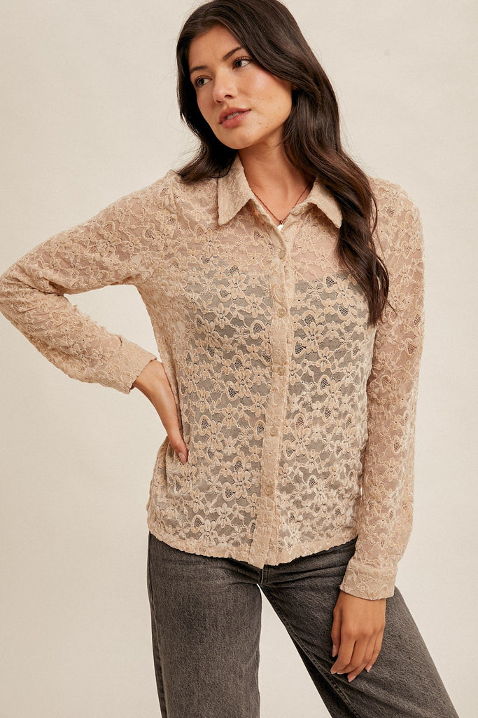 Beige Velvet and Lace Button Down Top - MISRED