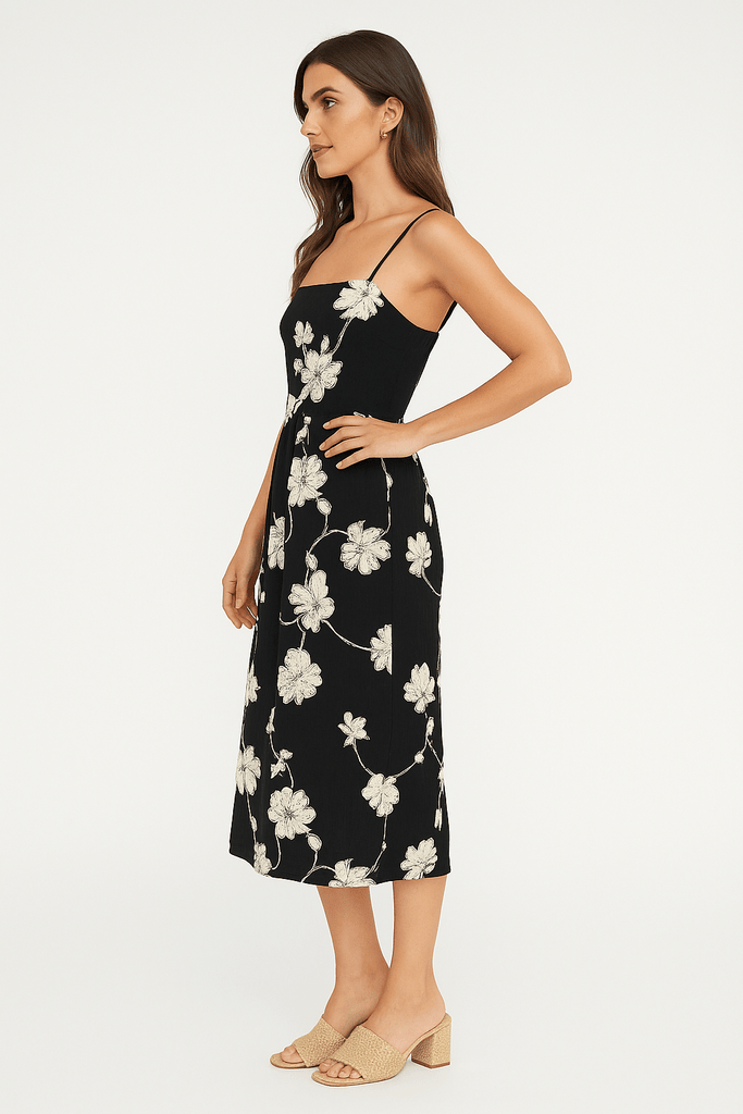 Black & Cream Floral Embroidered Dress - MISRED