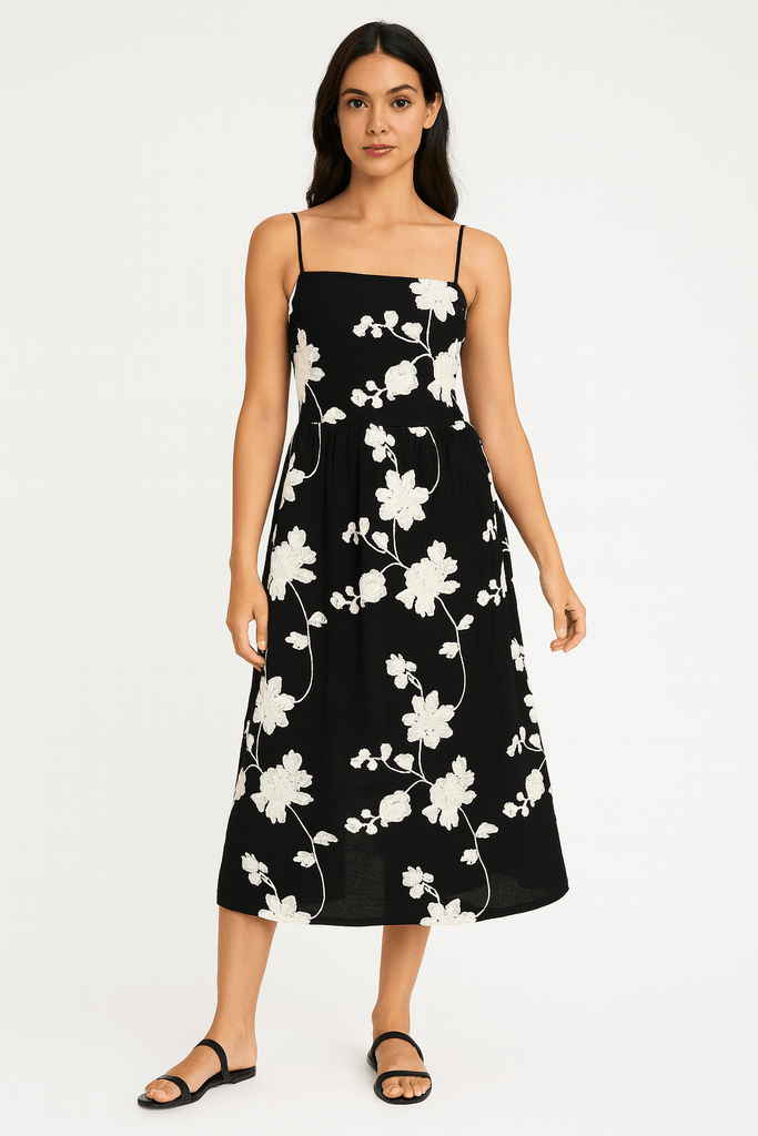 Black & Cream Floral Embroidered Dress - MISRED