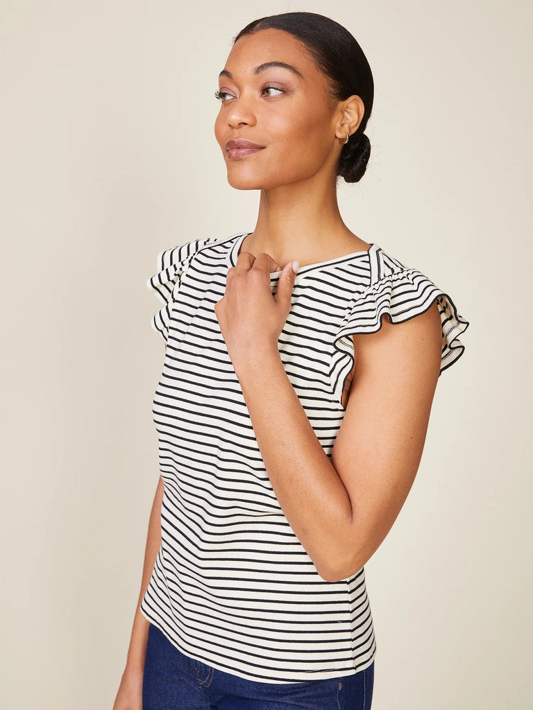 Black & Cream Stripe Flutter Blouse - MISRED