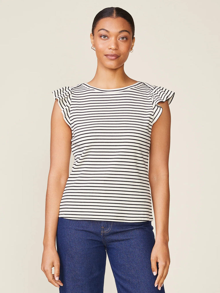 Black & Cream Stripe Flutter Blouse - MISRED