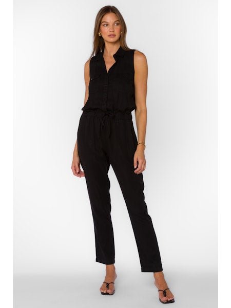 Black Drawstring Button Down Jumpsuit - MISRED