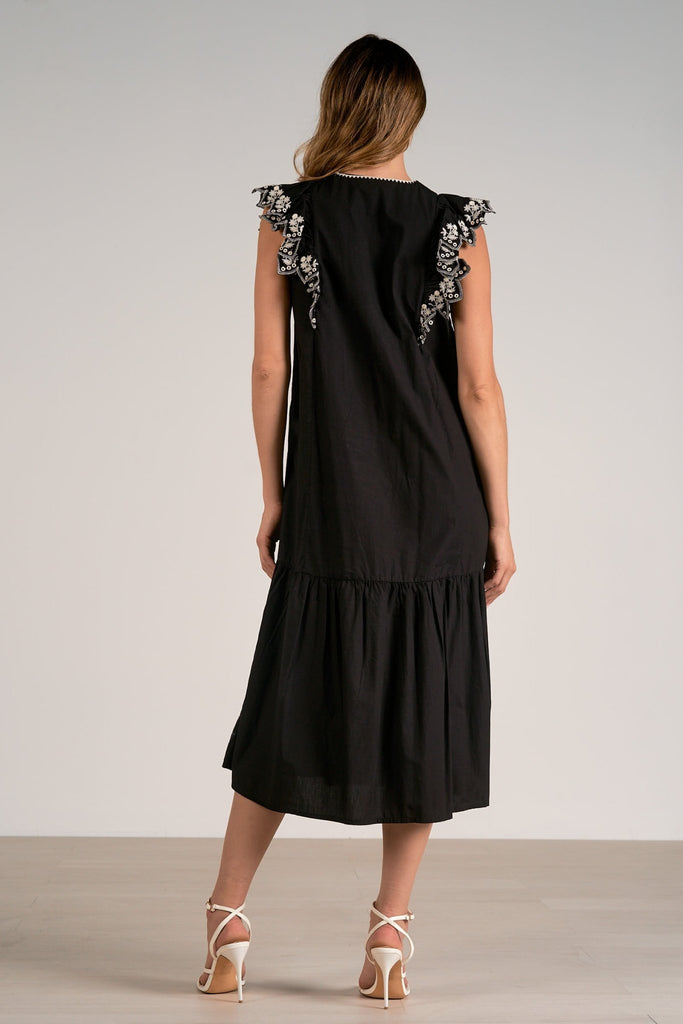 Black Emboridered Flutter Midi Dress - MISRED