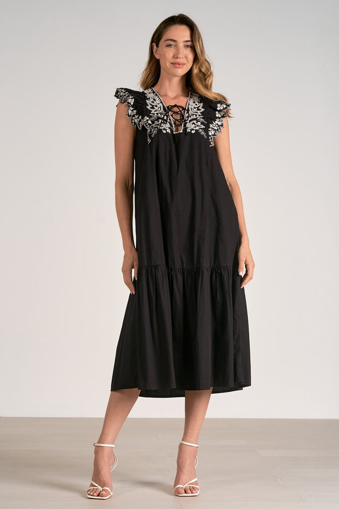 Black Emboridered Flutter Midi Dress - MISRED