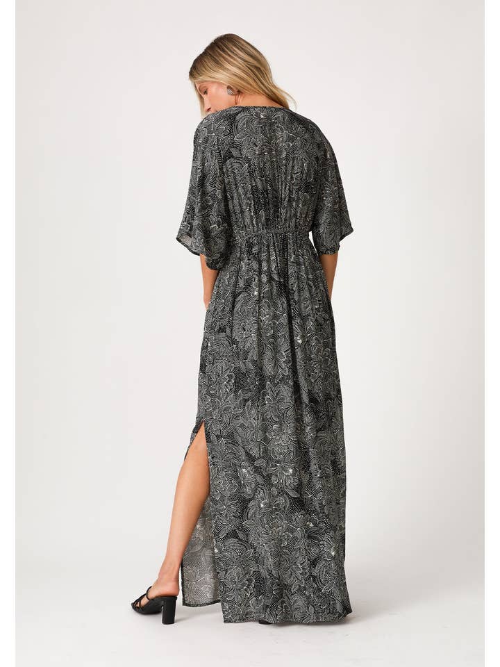 Black Floral Print Kimono Maxi Dress - MISRED