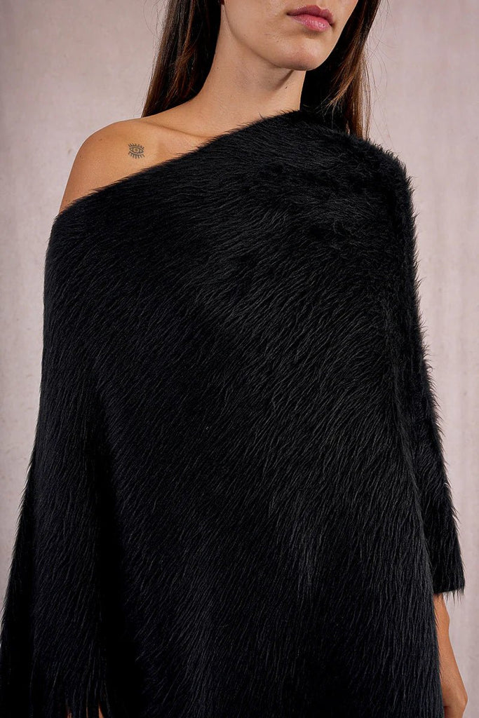 Black Fringe Hem Poncho - MISRED