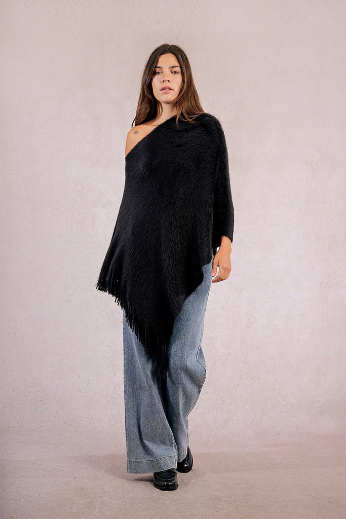 Black Fringe Hem Poncho - MISRED