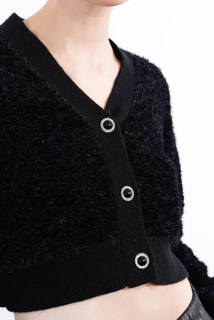 Black Fuzzy Cropped Cardigan - MISRED
