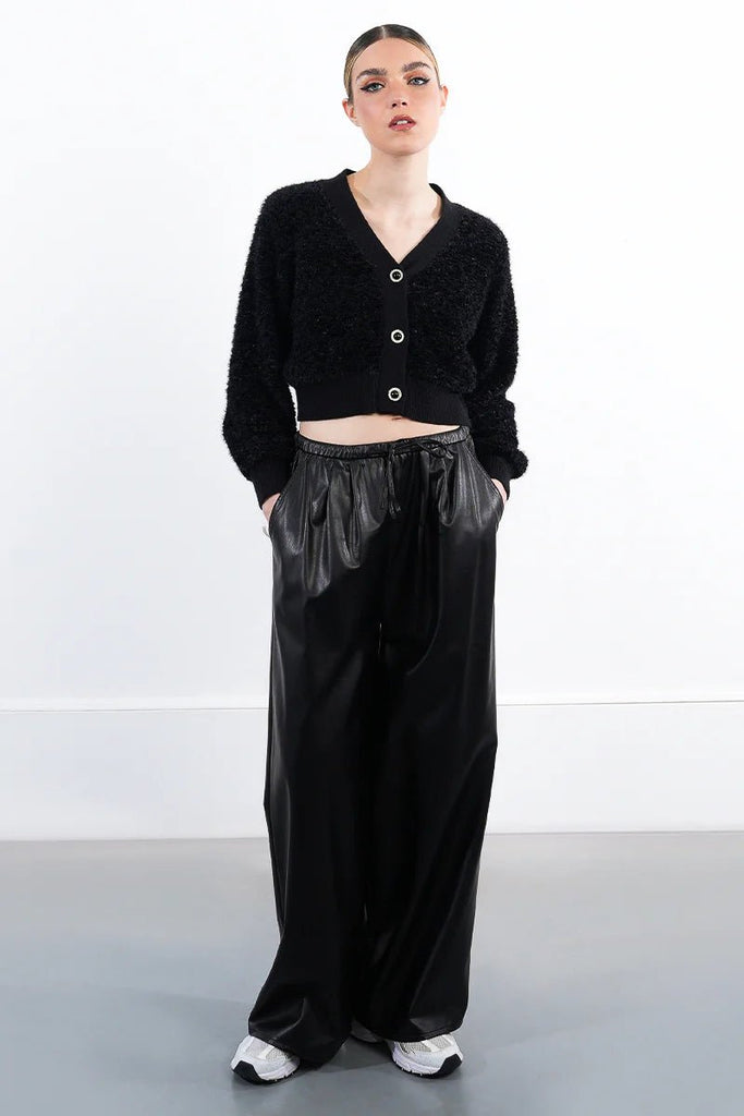 Black Fuzzy Cropped Cardigan - MISRED