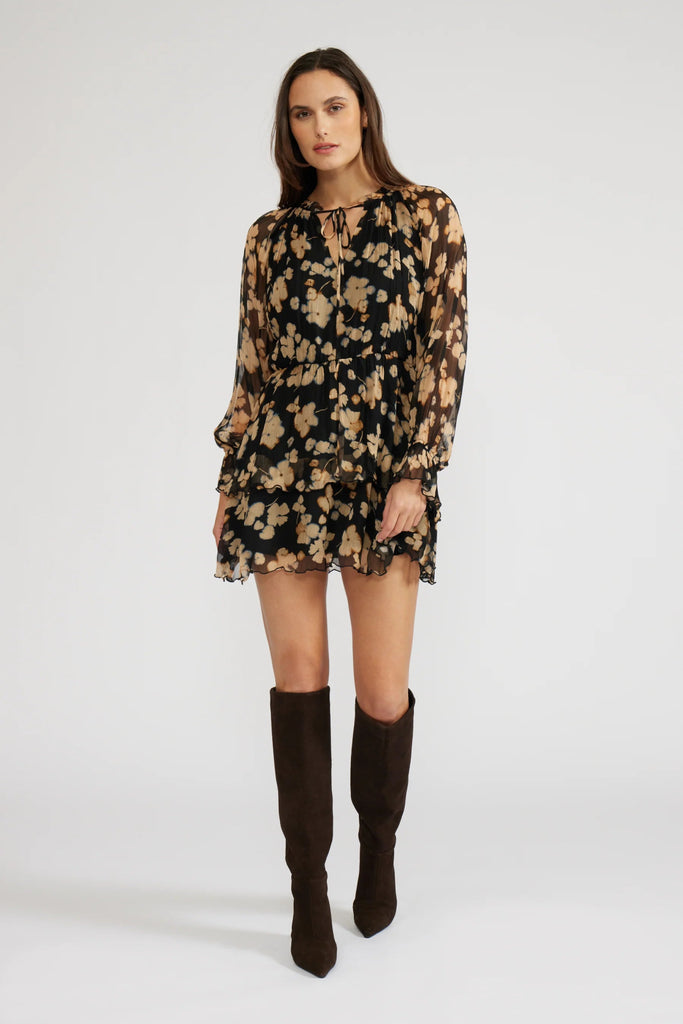 Black Golden Floral Chiffon Mini Dress - MISRED