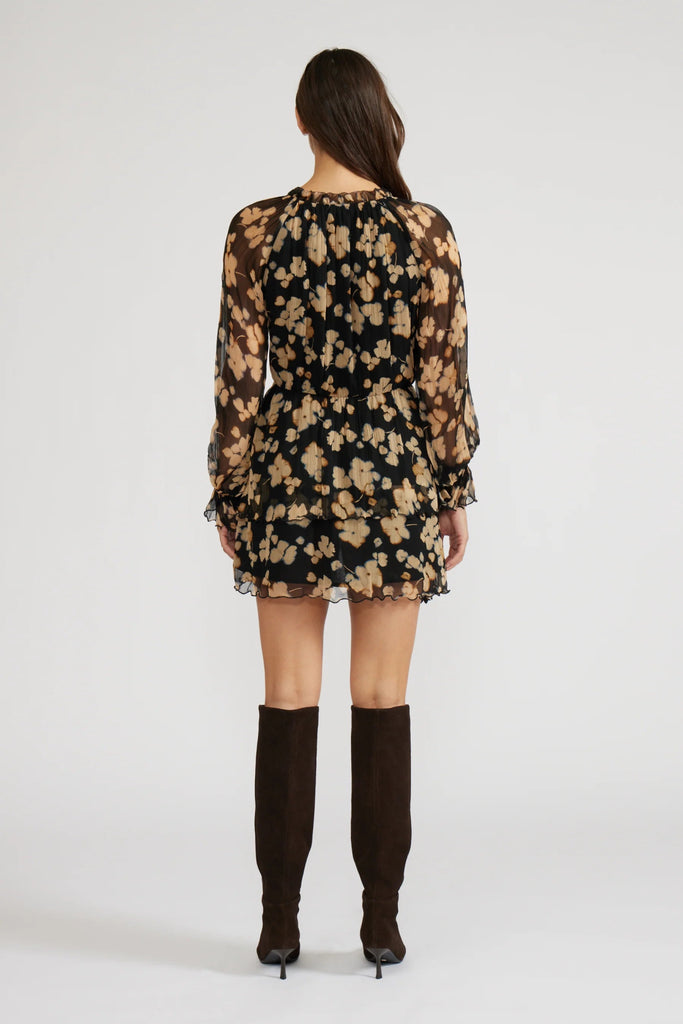 Black Golden Floral Chiffon Mini Dress - MISRED