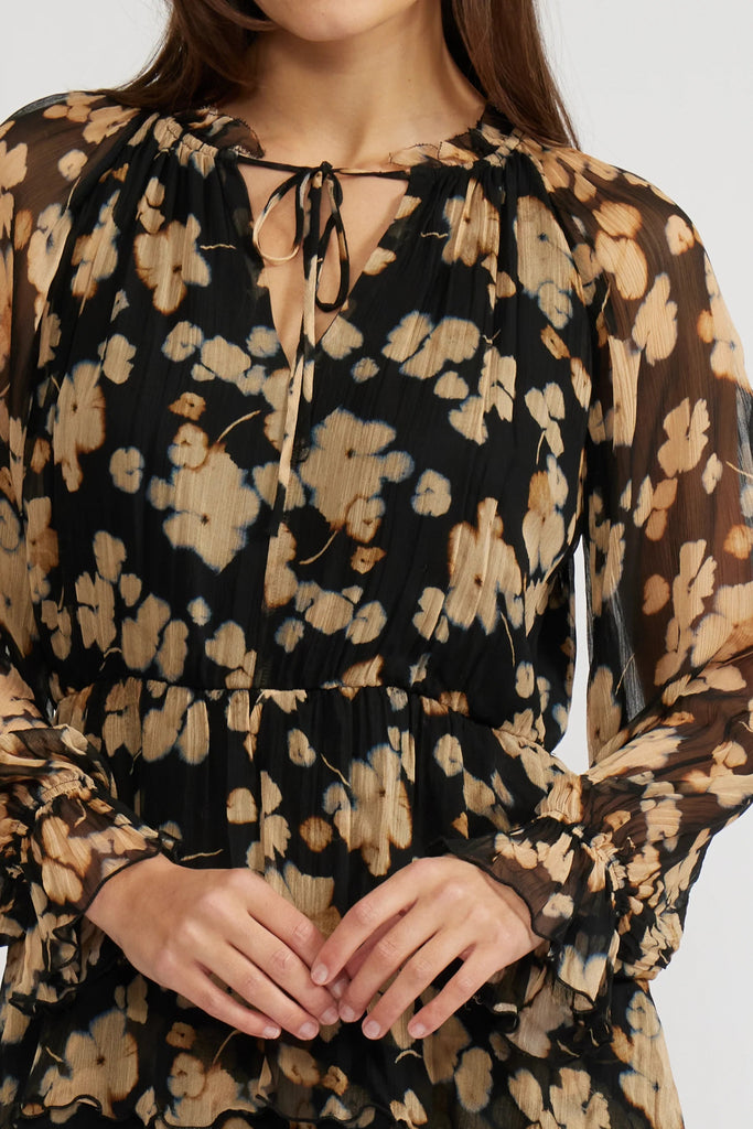 Black Golden Floral Chiffon Mini Dress - MISRED
