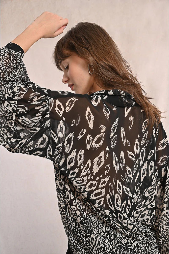 Black Graphic Sheer Button Blouse - MISRED