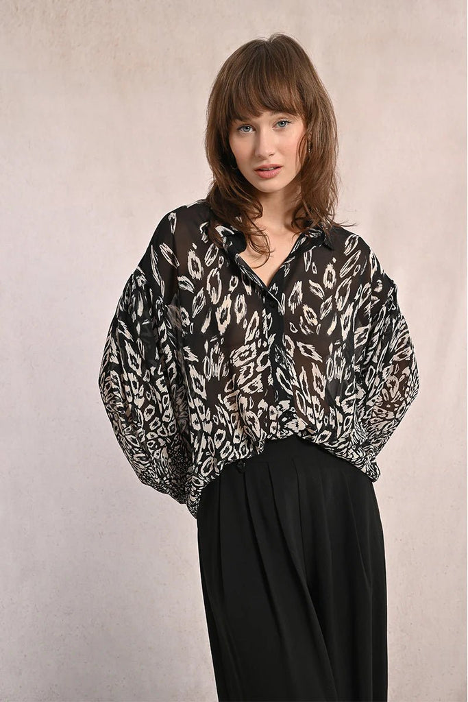 Black Graphic Sheer Button Blouse - MISRED
