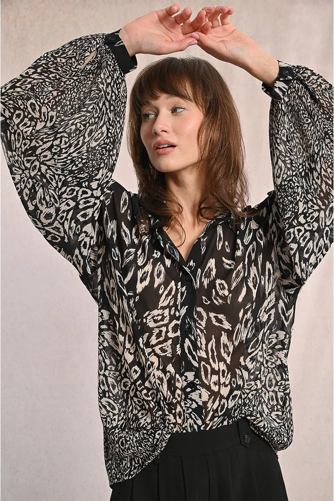 Black Graphic Sheer Button Blouse - MISRED