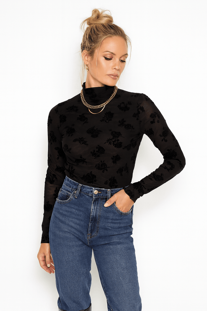 Black Mesh Floral Velvet Blouse - MISRED