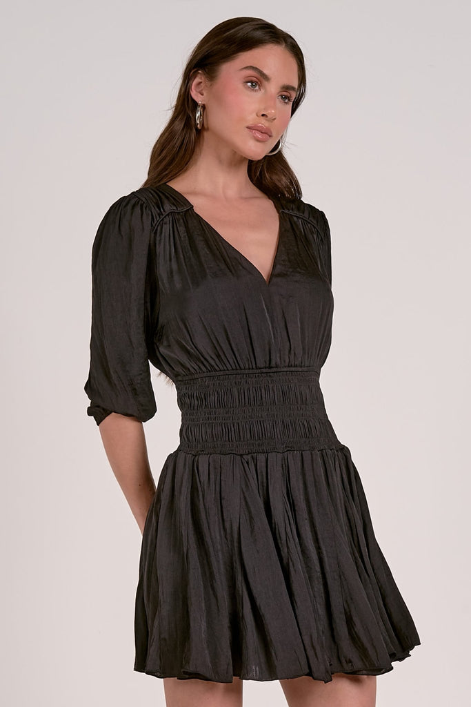 Black Mini Dress Smocked Waist - MISRED