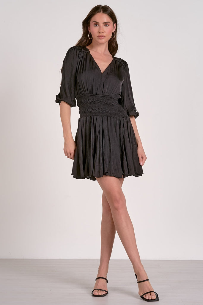 Black Mini Dress Smocked Waist - MISRED