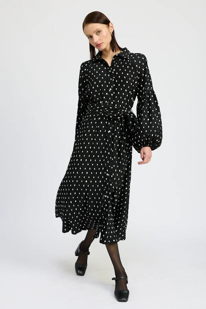 Black Polka Dot Long Sleeve Dress - MISRED