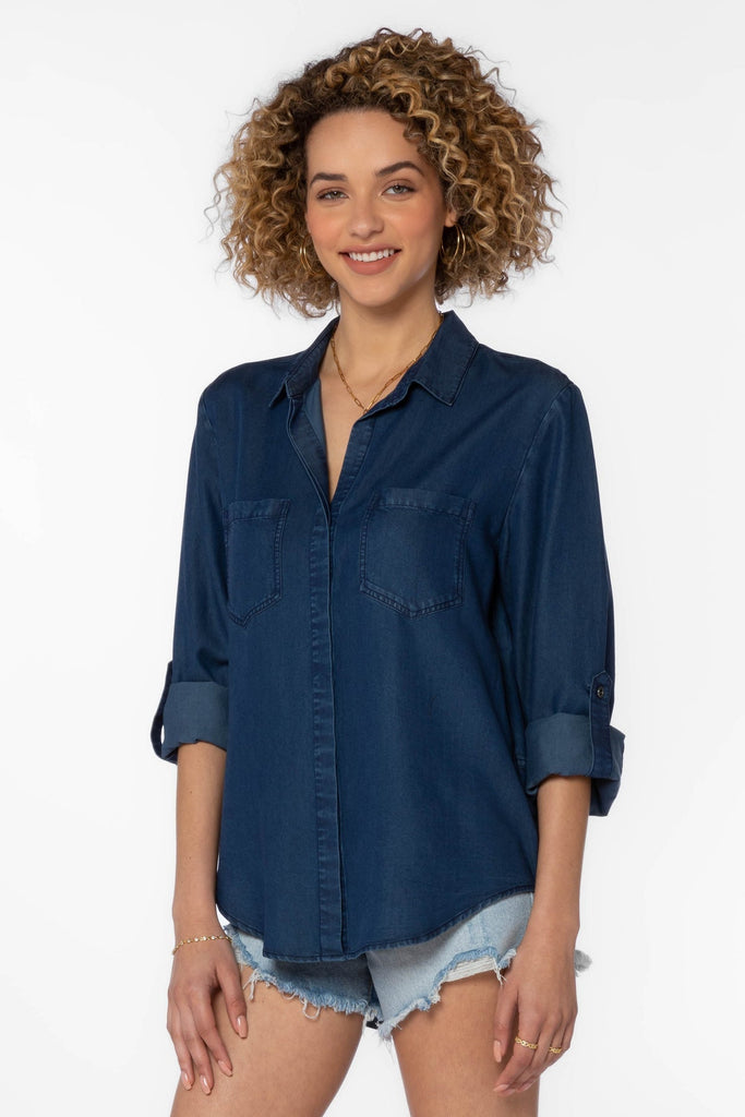 Black Riley Roll Tab Sleeve Button Up Top - MISRED