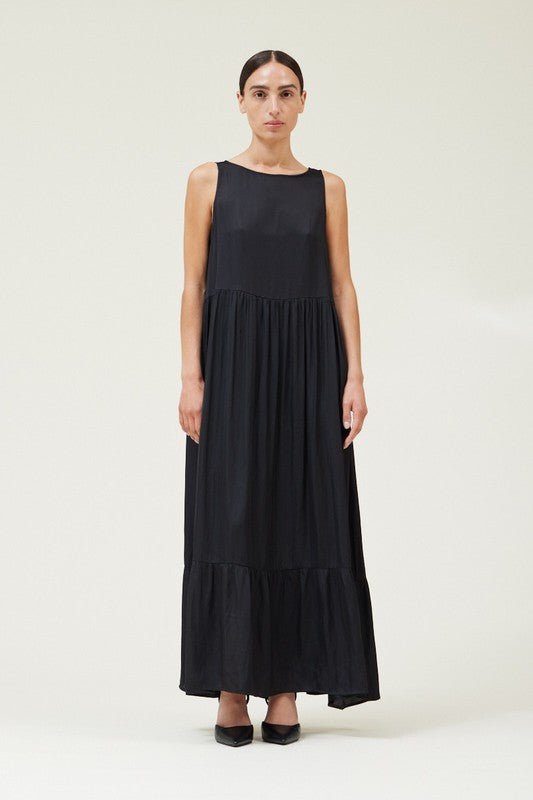 Black Satin Tiered Maxi Dress - MISRED