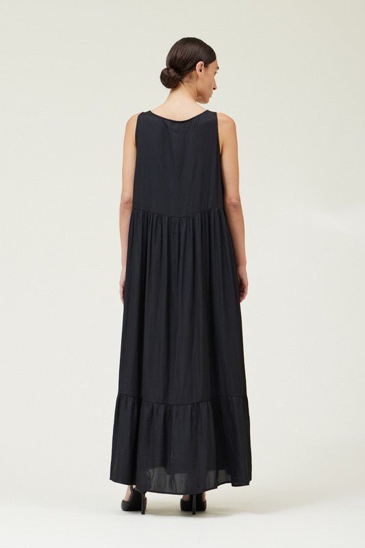 Black Satin Tiered Maxi Dress - MISRED