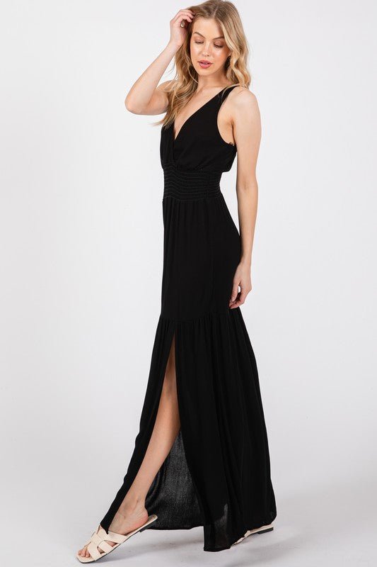Black Smocked Waist Slitted Maxi Dress - MISRED
