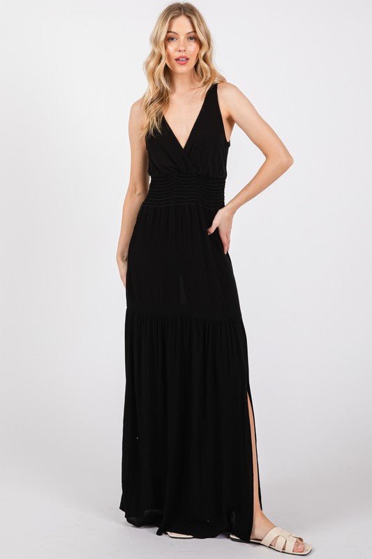 Black Smocked Waist Slitted Maxi Dress - MISRED