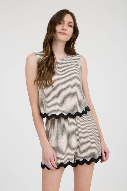 Black Stripe Ric Rac Linen Shorts Set - MISRED