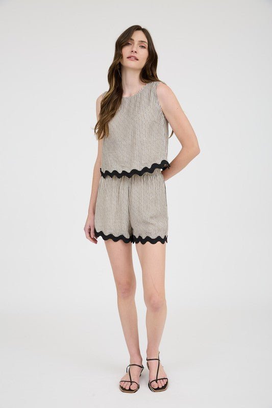 Black Stripe Ric Rac Linen Shorts Set - MISRED
