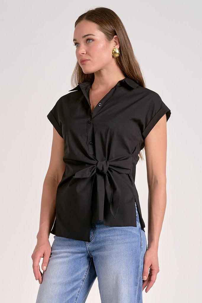Black Tie Side Cotton Blouse - MISRED