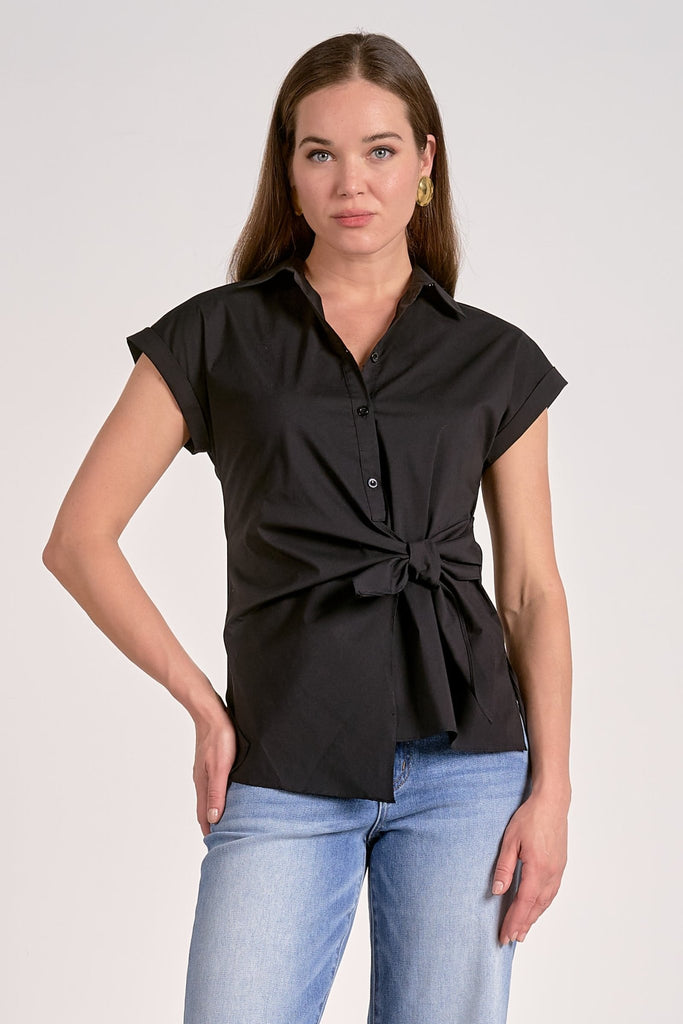 Black Tie Side Cotton Blouse - MISRED