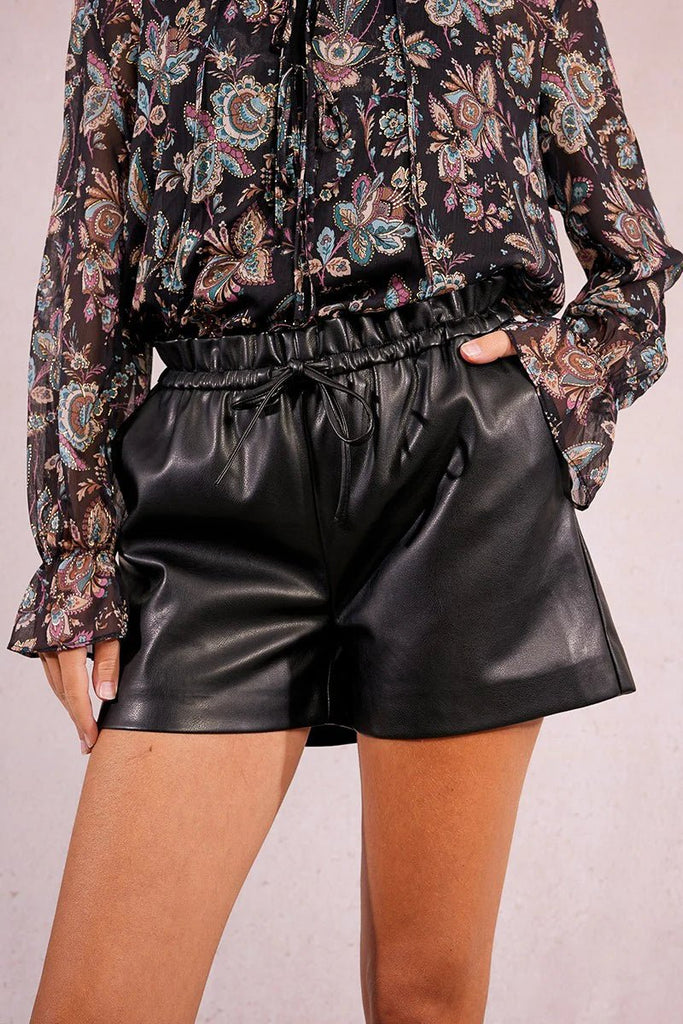 Black Vegan Leather Drawstring Shorts - MISRED