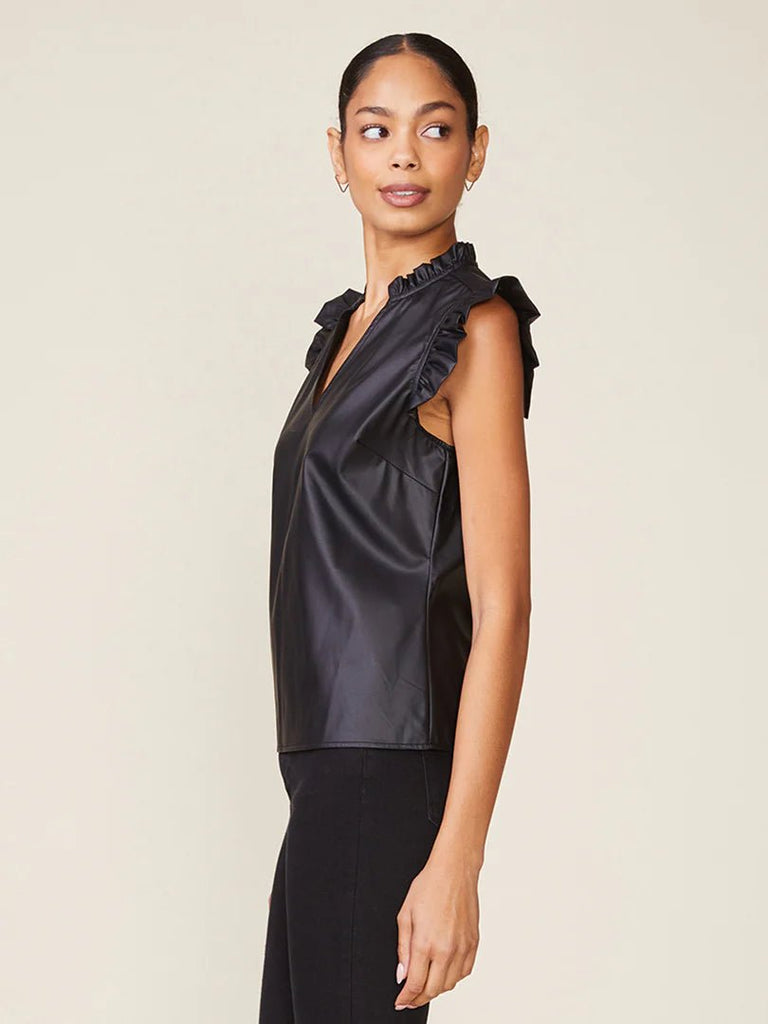 Black Vegan Leather Ruffle Top - MISRED