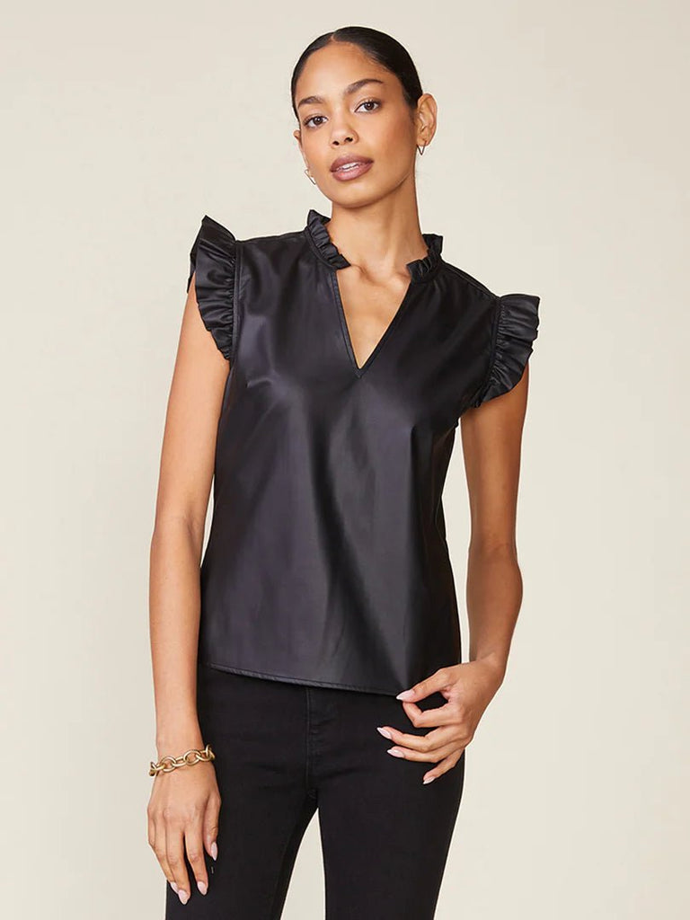 Black Vegan Leather Ruffle Top - MISRED