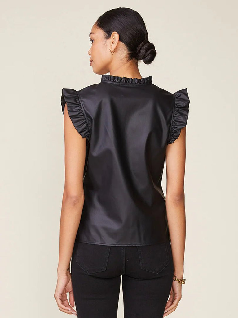 Black Vegan Leather Ruffle Top - MISRED