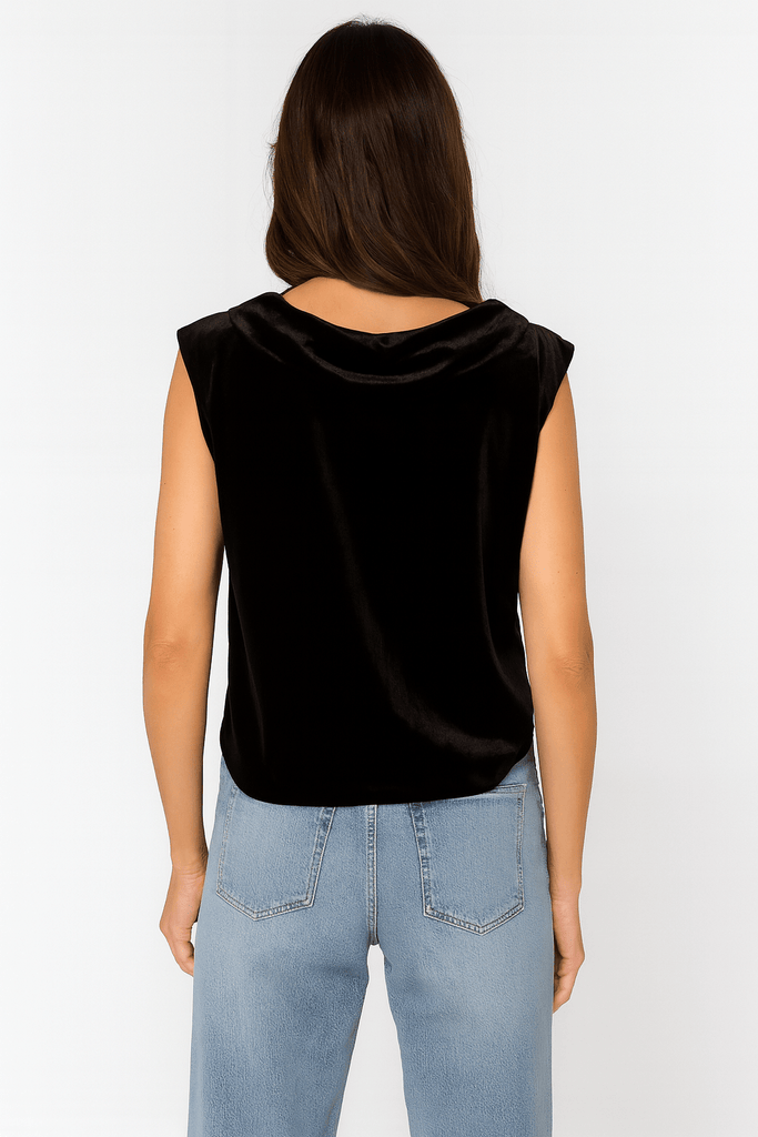 Black Velvet Draped Cowl - Neck Sleeveless Top - MISRED