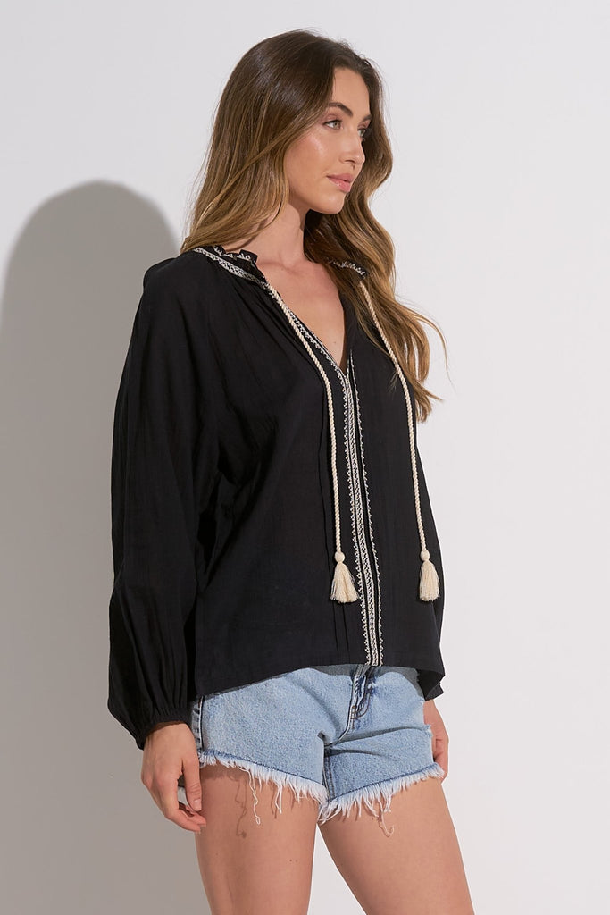 Black & White Embroidered Peasant Blouse - MISRED