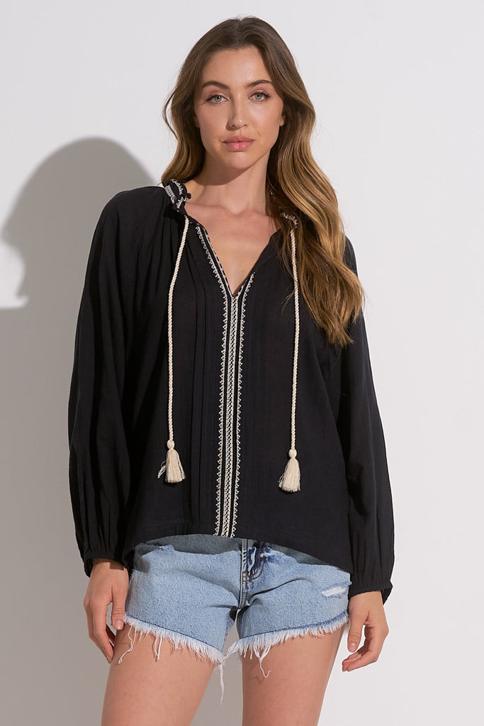 Black & White Embroidered Peasant Blouse - MISRED