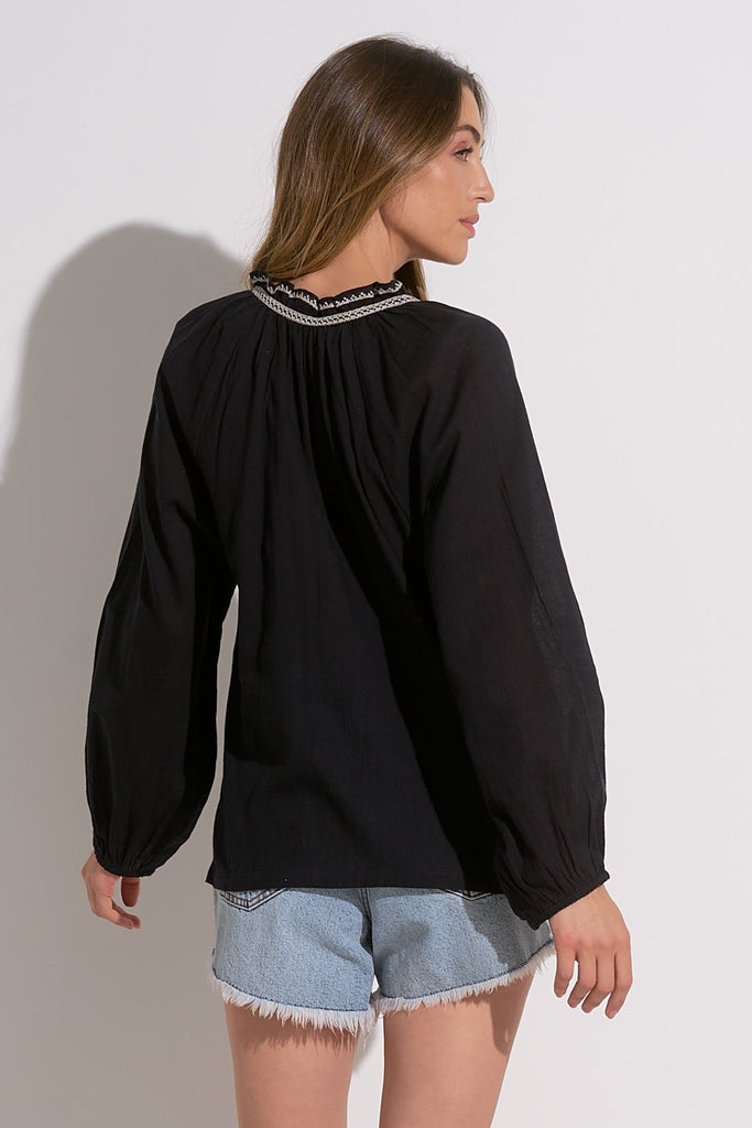 Black & White Embroidered Peasant Blouse - MISRED
