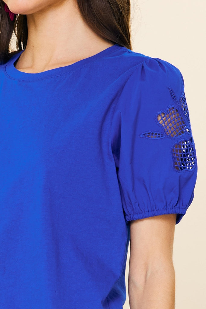 Blue Cutout Embroidery Top - MISRED