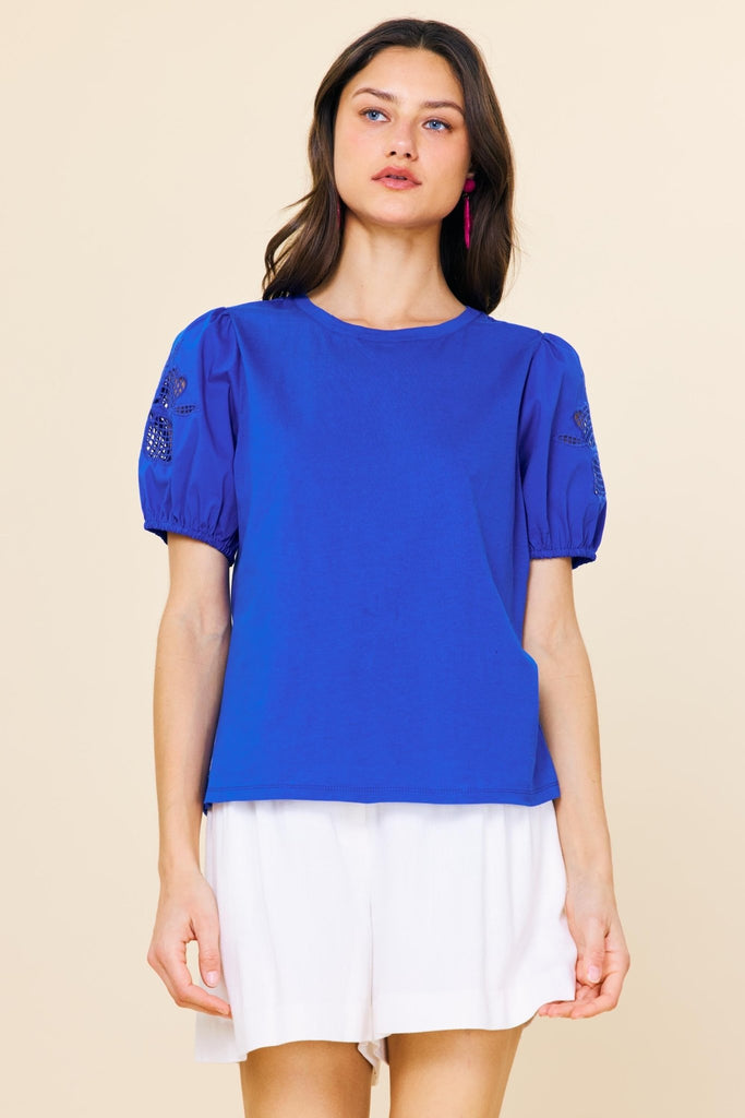 Blue Cutout Embroidery Top - MISRED