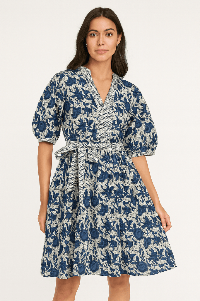 Blue Global Floral Puff Mini Dress - MISRED