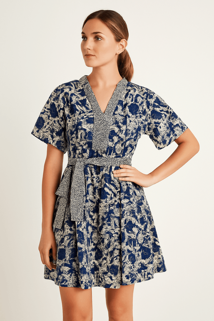Blue Global Floral Puff Mini Dress - MISRED