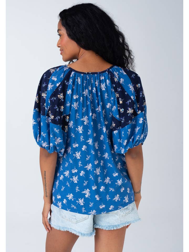 Blue & Navy Floral Puff Sleeve Blouse - MISRED