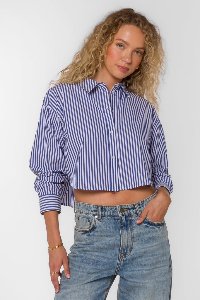 Blue Striped Cropped Button Down - MISRED