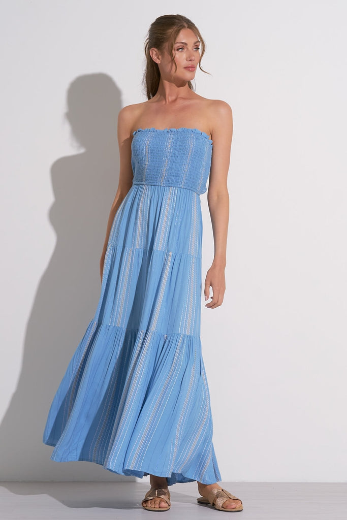 Blue Threaded Embroidery Strapless Maxi - MISRED