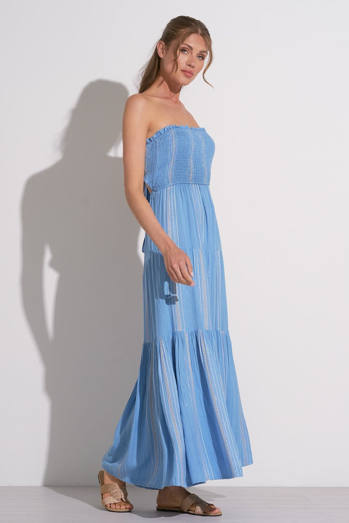 Blue Threaded Embroidery Strapless Maxi - MISRED